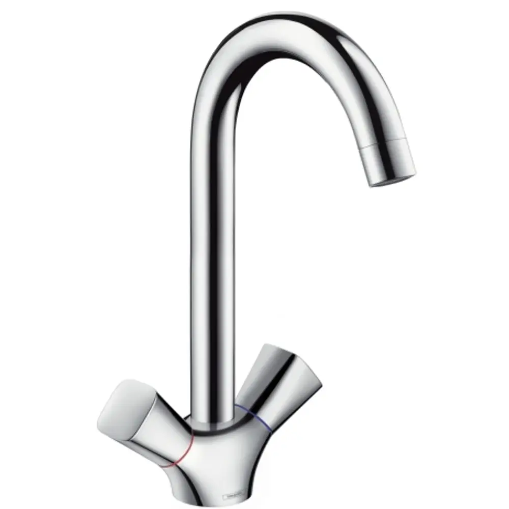 Hochglänzende Armatur von Hansgrohe mit einem gebogenen Auslauf und zwei seitlichen Griffen zur Temperaturregelung, in chromfarbener Ausführung.